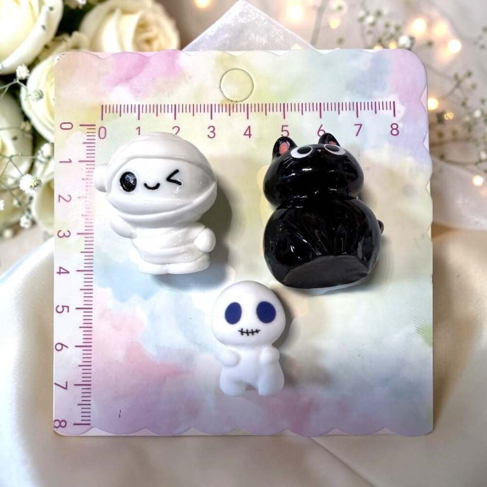 Set of 3 Miniature Halloween Resin Figurines including Mummy, Black Cat, and Gho